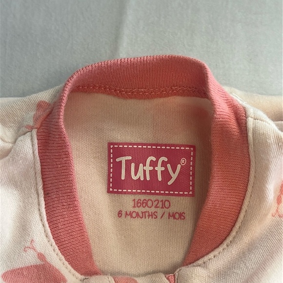 Tuffy Baby Onesie with Pink Accents and embroidered flower on left chest - Picture 2 of 5